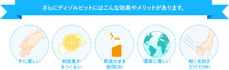 さらにディゾルビットにはこんな効果やメリットがあります。手に優しい、刺激臭がきつくない、原液のまま使用OK!、環境に優しい、二度拭きいらず!