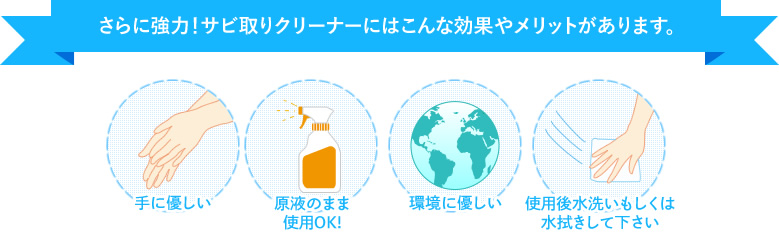 さらに強力!サビ取りクリーナーにはこんな効果やメリットがあります。手に優しい、原液のまま使用OK!、環境に優しい!、使用後水洗いもしくは水拭きして下さい